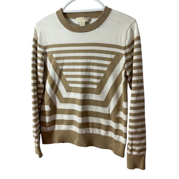 Michael Kors Metallic-Gold & White Stripe Sweater Medium New - Picture 5 of 7